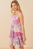 HY7935 Pink Womens Paisley Print Color Blocked Tiered Tank Dress Side