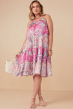 HY7935W Pink Plus Paisley Print Color Blocked Tiered Tank Dress Full Body