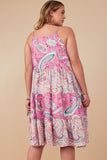 HY7935W Pink Plus Paisley Print Color Blocked Tiered Tank Dress Back