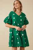 HY7938W Green Plus Floral Embroidered Puff Sleeve Dress Front