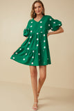 HY7938 Green Womens Floral Embroidered Puff Sleeve Dress Full Body