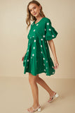 HY7938 Green Womens Floral Embroidered Puff Sleeve Dress Side