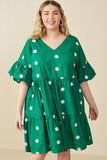 HY7938 Green Womens Floral Embroidered Puff Sleeve Dress Front