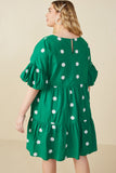 HY7938W Green Plus Floral Embroidered Puff Sleeve Dress Back