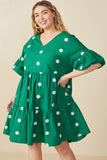 HY7938W Green Plus Floral Embroidered Puff Sleeve Dress Front 2