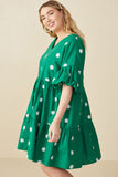 HY7938W Green Plus Floral Embroidered Puff Sleeve Dress Side