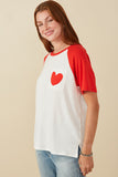 HY7958 Red Womens Heart Patch Pocket Raglan French Terry Knit T Shirt Side