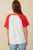 HY7958 Red Womens Heart Patch Pocket Raglan French Terry Knit T Shirt Back