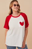 HY7958W Red Plus Heart Patch Pocket Raglan French Terry Knit T Shirt Front