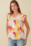 HY7961 Pink Mix Womens Abstract Print Ruffle On Ruffle V Neck Tank Front