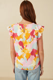 HY7961 Pink Mix Womens Abstract Print Ruffle On Ruffle V Neck Tank Detail