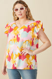 HY7961W Pink Mix Plus Abstract Print Ruffle On Ruffle V Neck Tank Front