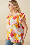 HY7961W Pink Mix Plus Abstract Print Ruffle On Ruffle V Neck Tank Gif