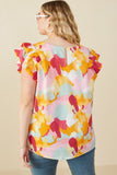 HY7961W Pink Mix Plus Abstract Print Ruffle On Ruffle V Neck Tank Side