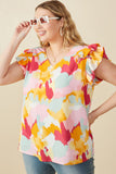 HY7961W Pink Mix Plus Abstract Print Ruffle On Ruffle V Neck Tank Side 2