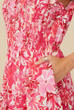 HY7988 Pink Womens Tropical Floral Smocked Ruffled Tank Dress Full Body