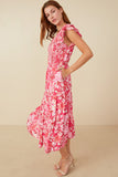 HY7988 Pink Womens Tropical Floral Smocked Ruffled Tank Dress Back