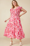 HY7988W Pink Plus Tropical Floral Smocked Ruffled Tank Dress Front