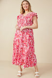 HY7988W Pink Plus Tropical Floral Smocked Ruffled Tank Dress Back