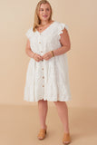 HY7990W Off White Plus Textured Floral Button Tiered Dress Full Body