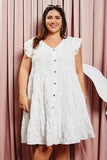 HY7990W Off White Plus Textured Floral Button Tiered Dress Front