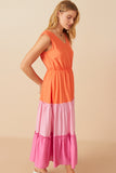 HY7992 Pink Womens Vivid Tiered Color Block Tank Dress Side