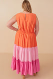 HY7992W Pink Plus Vivid Tiered Color Block Tank Dress Back