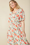 HY8006 Red Womens Bold Floral Smocked Waist V Neck Dress Full Body