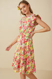 Vivid Floral Smock Waist Exaggerated Ruffle Dress