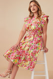 HY8026W Red Mix Plus Vivid Floral Smock Waist Exaggerated Ruffle Dress Pose