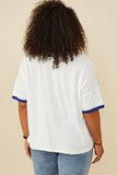 HY8028W Blue Plus Contrast Banded Star Patch French Terry T Shirt Full Body