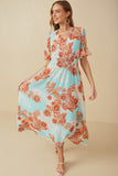 HY8030W Blue Plus Floral V Neck Smocked Waist Chiffon Dress Full Body