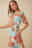 HY8030 Blue Womens Floral V Neck Smocked Waist Chiffon Dress Detail