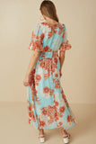 HY8030 Blue Womens Floral V Neck Smocked Waist Chiffon Dress Back