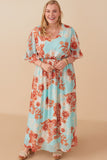 HY8030 Blue Womens Floral V Neck Smocked Waist Chiffon Dress Full Body