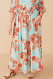 HY8030W Blue Plus Floral V Neck Smocked Waist Chiffon Dress Front