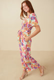 HY8032 Off White Womens Vivid Floral Self Belt Smocked Jumpsuit Gif