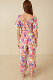 HY8032 Off White Womens Vivid Floral Self Belt Smocked Jumpsuit Detail