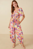 HY8032 Off White Womens Vivid Floral Self Belt Smocked Jumpsuit Back