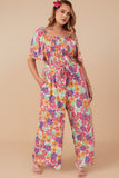 HY8032W Off White Plus Vivid Floral Self Belt Smocked Jumpsuit Full Body