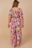 HY8032W Off White Plus Vivid Floral Self Belt Smocked Jumpsuit Front