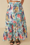 HY8035 Blue Mix Womens Vivid Floral Tiered Chiffon Maxi Skirt Front