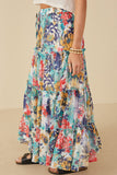 HY8035 Blue Mix Womens Vivid Floral Tiered Chiffon Maxi Skirt Side