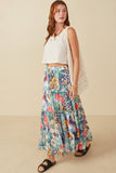 HY8035 Blue Mix Womens Vivid Floral Tiered Chiffon Maxi Skirt Full Body