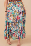 HY8035W Blue Mix Plus Vivid Floral Tiered Chiffon Maxi Skirt Front