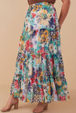 HY8035W Blue Mix Plus Vivid Floral Tiered Chiffon Maxi Skirt Side