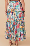 HY8035W Blue Mix Plus Vivid Floral Tiered Chiffon Maxi Skirt Back