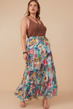 HY8035W Blue Mix Plus Vivid Floral Tiered Chiffon Maxi Skirt Full Body