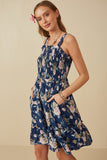 HY8038 Navy Womens Romantic Floral Smocked Bodice Tank Dress Side