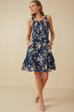 HY8038 Navy Womens Romantic Floral Smocked Bodice Tank Dress Full Body